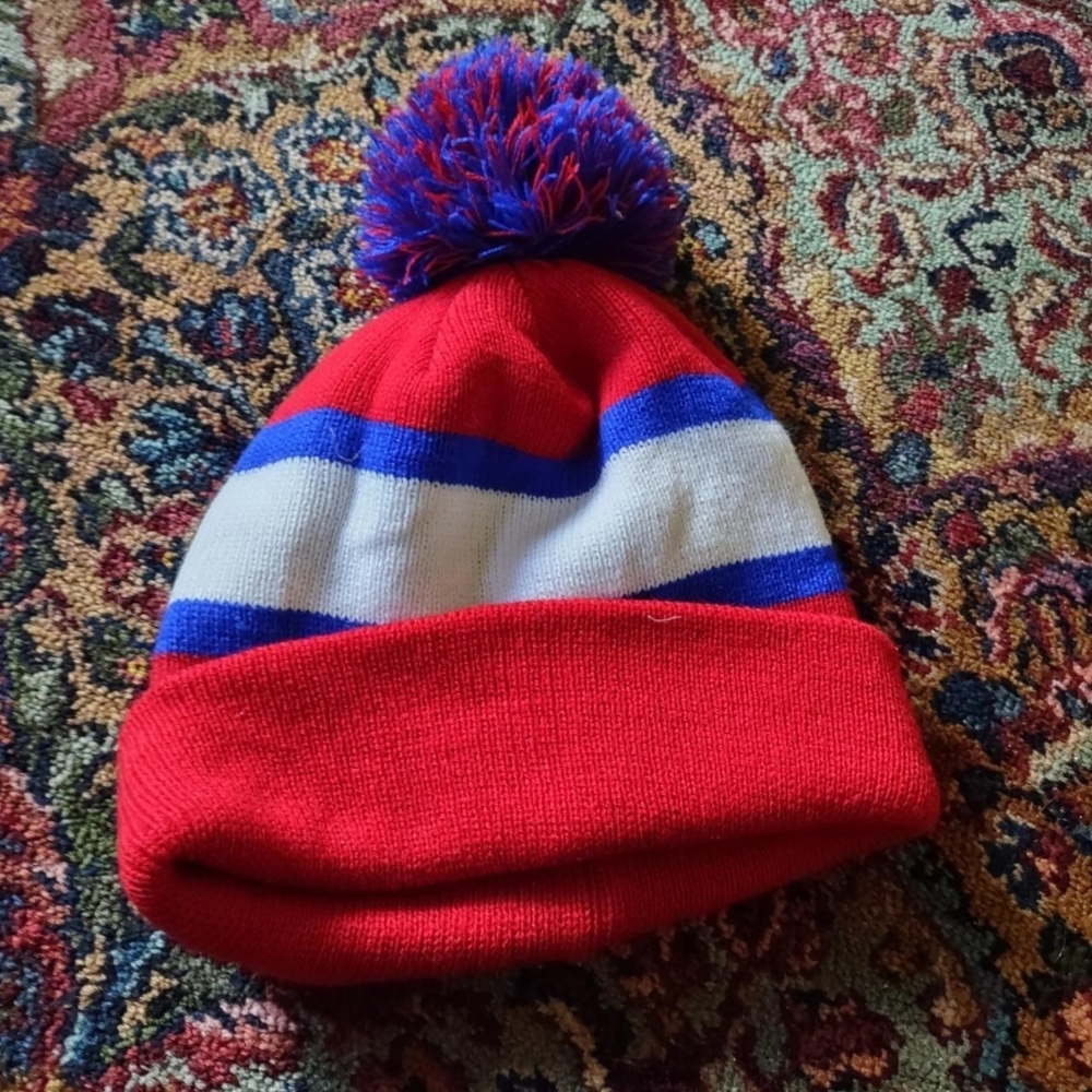 NY Rangers Colors Red White And Blue Pom Pom Hat